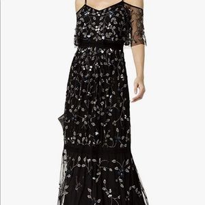 Adrianna Papell Women's Cold Shoulder Flounce Fully Beaded Long Mesh Dress